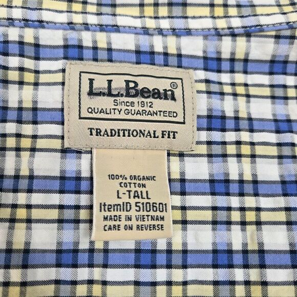 LL Bean Seersucker Textured Shirt Blue Yellow Plaid Button Down Men's LT - Picture 6 of 13